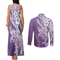 Hawaii Puakenikeni And Maile Lei Couples Matching Tank Maxi Dress and Long Sleeve Button Shirt Violet Polynesian Shark Tattoo DT05 - Polynesian Pride