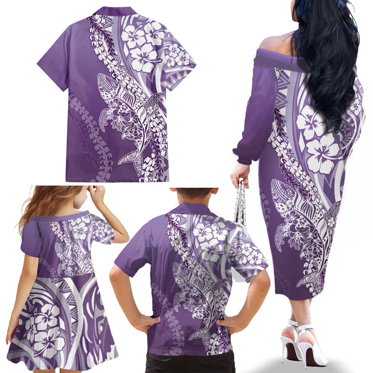 Hawaii Puakenikeni And Maile Lei Family Matching Off The Shoulder Long Sleeve Dress and Hawaiian Shirt Violet Polynesian Shark Tattoo DT05