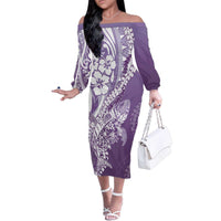 Hawaii Puakenikeni And Maile Lei Family Matching Off The Shoulder Long Sleeve Dress and Hawaiian Shirt Violet Polynesian Shark Tattoo DT05