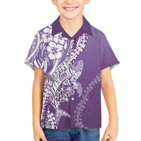 Hawaii Puakenikeni And Maile Lei Family Matching Off The Shoulder Long Sleeve Dress and Hawaiian Shirt Violet Polynesian Shark Tattoo DT05