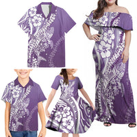 Hawaii Puakenikeni And Maile Lei Family Matching Off Shoulder Maxi Dress and Hawaiian Shirt Violet Polynesian Shark Tattoo DT05 - Polynesian Pride