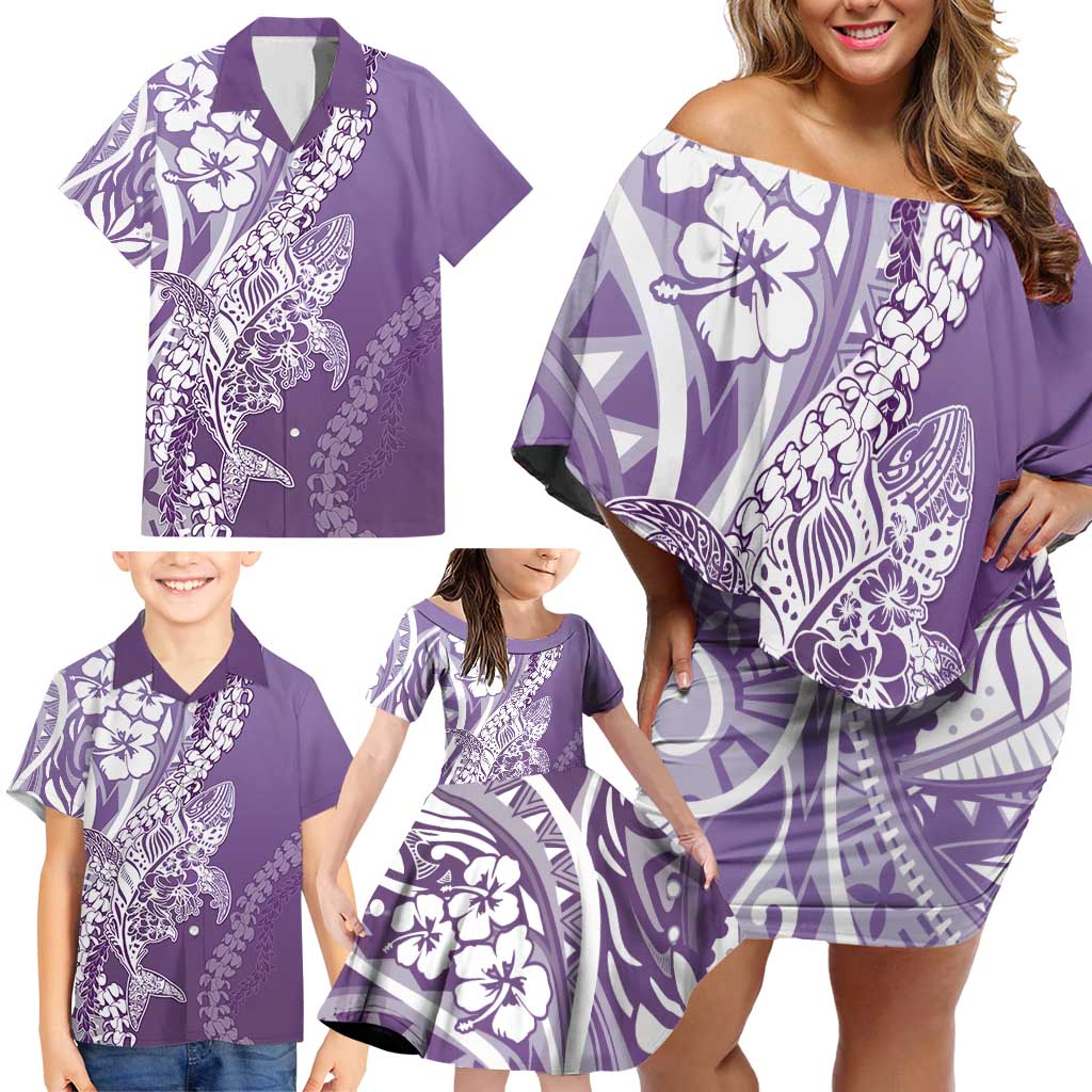 Hawaii Puakenikeni And Maile Lei Family Matching Off Shoulder Short Dress and Hawaiian Shirt Violet Polynesian Shark Tattoo DT05