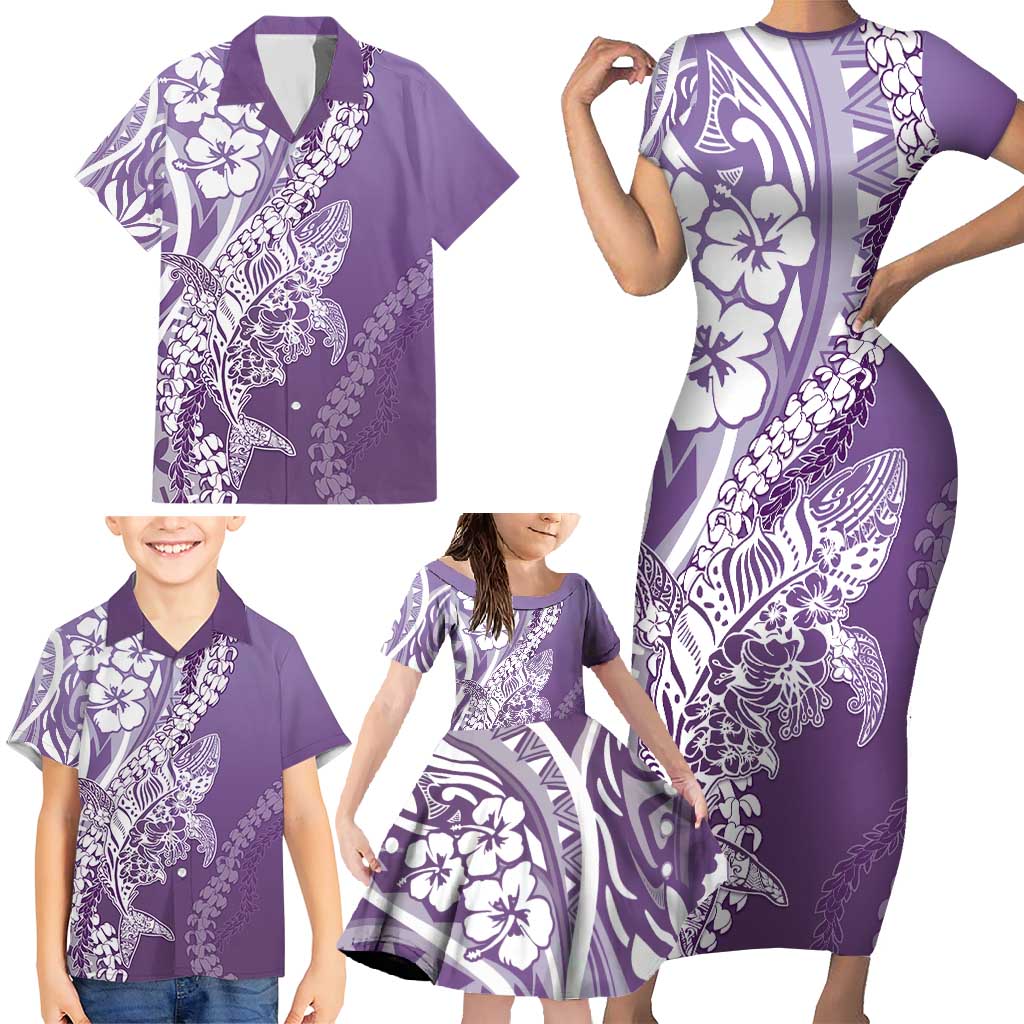 Hawaii Puakenikeni And Maile Lei Family Matching Short Sleeve Bodycon Dress and Hawaiian Shirt Violet Polynesian Shark Tattoo DT05 - Polynesian Pride