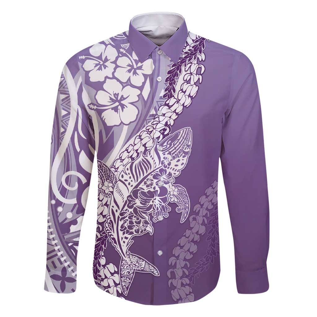 Hawaii Puakenikeni And Maile Lei Family Matching Short Sleeve Bodycon Dress and Hawaiian Shirt Violet Polynesian Shark Tattoo DT05 Dad's Shirt - Long Sleeve Violet - Polynesian Pride
