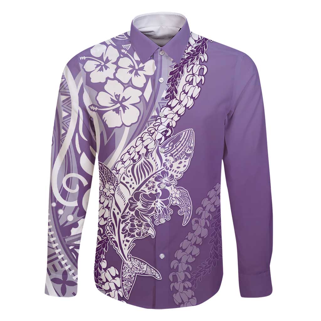 Hawaii Puakenikeni And Maile Lei Family Matching Summer Maxi Dress and Hawaiian Shirt Violet Polynesian Shark Tattoo DT05 Dad's Shirt - Long Sleeve Violet - Polynesian Pride