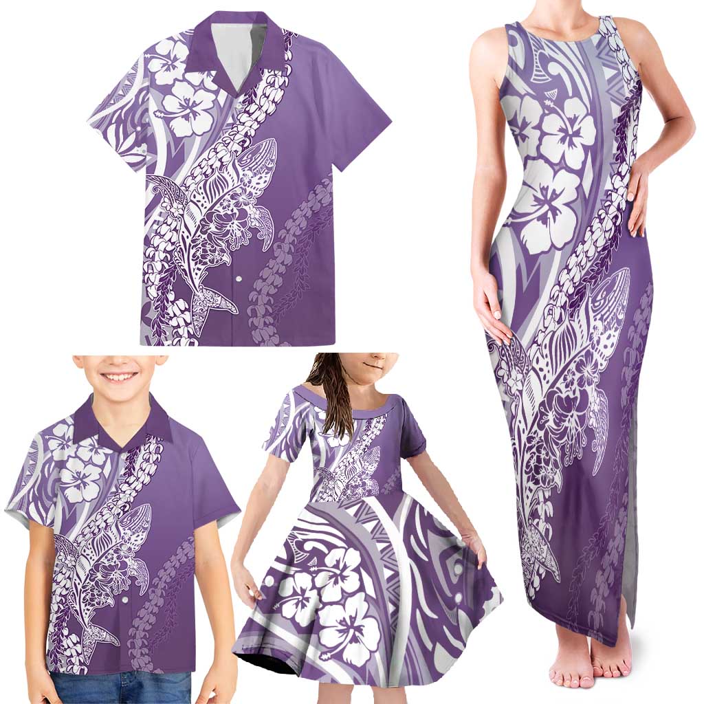 Hawaii Puakenikeni And Maile Lei Family Matching Tank Maxi Dress and Hawaiian Shirt Violet Polynesian Shark Tattoo DT05