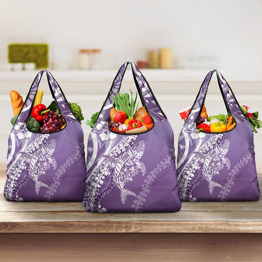 Hawaii Puakenikeni And Maile Lei Grocery Bag Violet Polynesian Shark Tattoo DT05