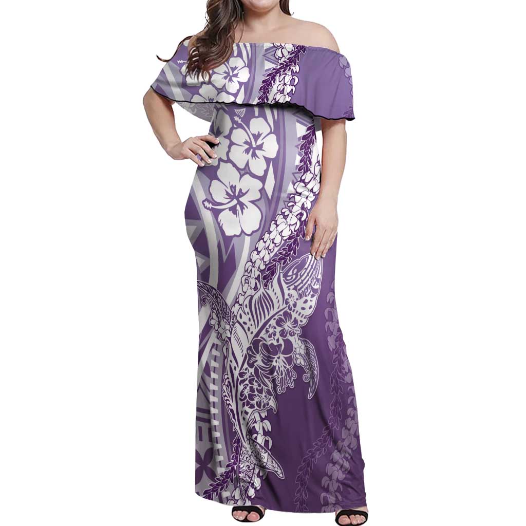 Hawaii Puakenikeni And Maile Lei Off Shoulder Maxi Dress Violet Polynesian Shark Tattoo DT05 Women Violet - Polynesian Pride