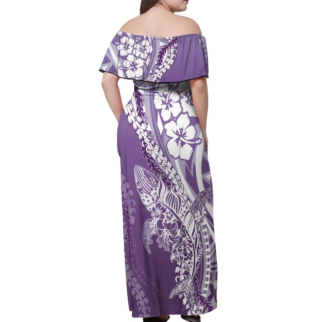 Hawaii Puakenikeni And Maile Lei Off Shoulder Maxi Dress Violet Polynesian Shark Tattoo DT05 - Polynesian Pride