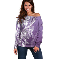 Hawaii Puakenikeni And Maile Lei Off Shoulder Sweater Violet Polynesian Shark Tattoo DT05