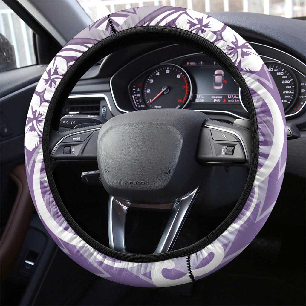 Hawaii Puakenikeni And Maile Lei Steering Wheel Cover Violet Polynesian Shark Tattoo DT05