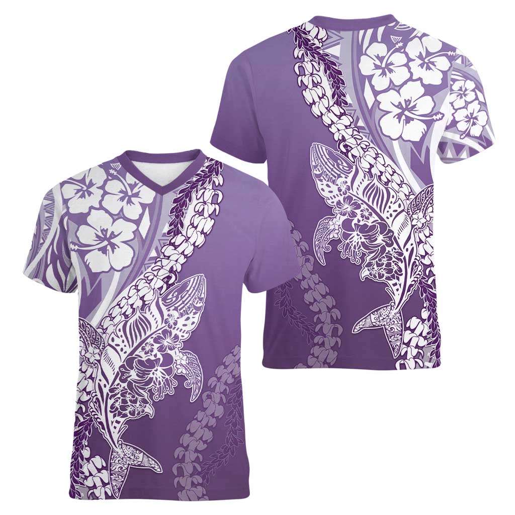 Hawaii Puakenikeni And Maile Lei Women V-Neck T-Shirt Violet Polynesian Shark Tattoo DT05 - Polynesian Pride