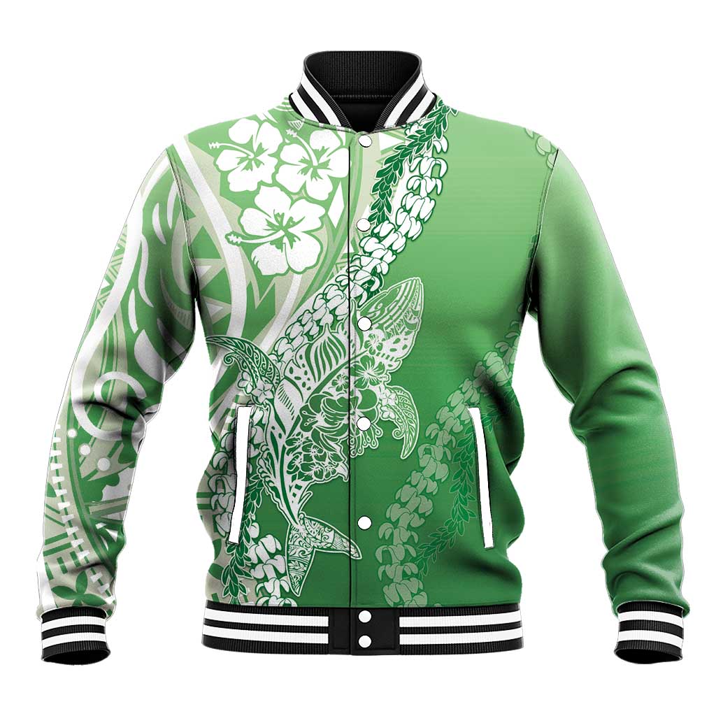 Hawaii Puakenikeni And Maile Lei Baseball Jacket Green Polynesian Shark Tattoo DT05