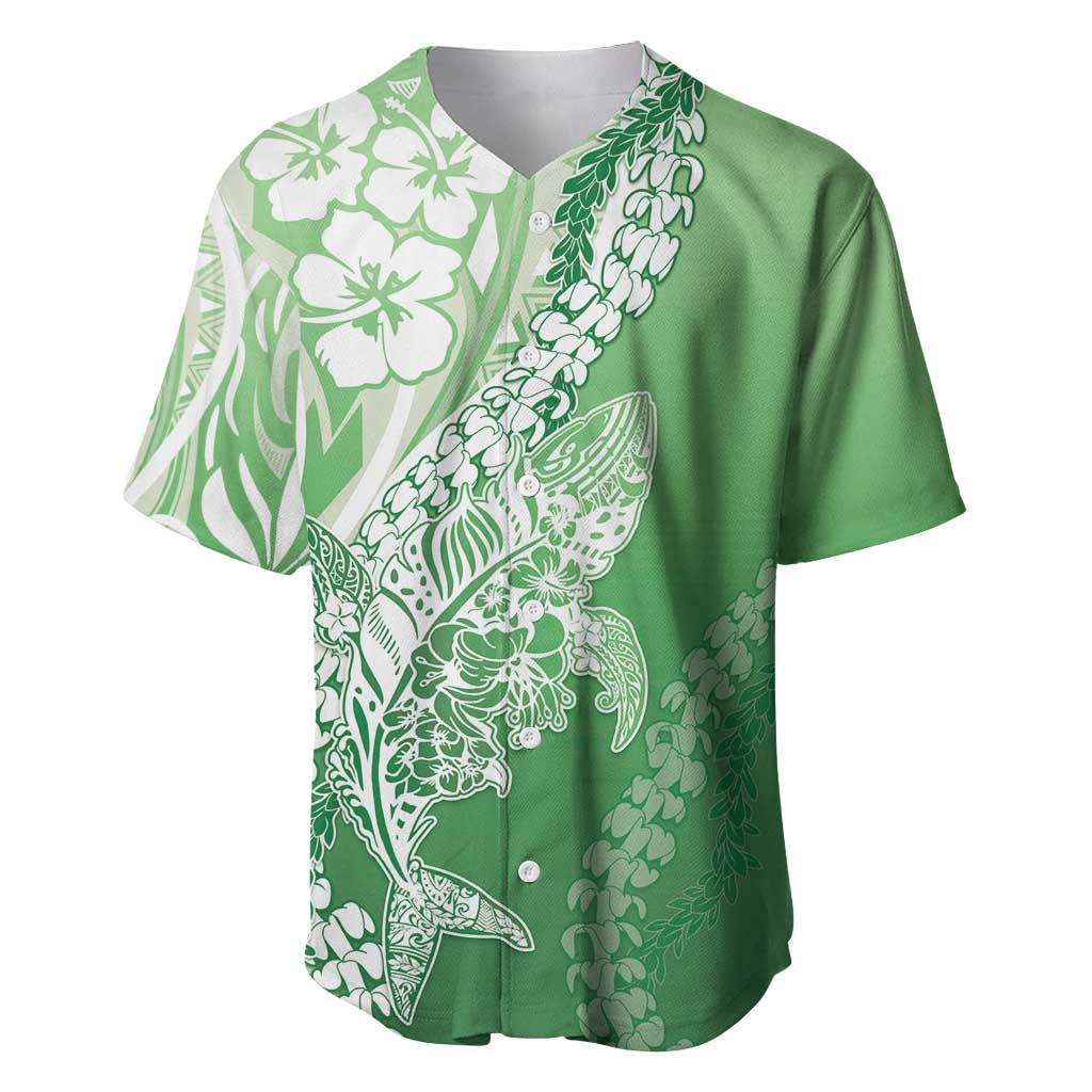 Hawaii Puakenikeni And Maile Lei Baseball Jersey Green Polynesian Shark Tattoo DT05