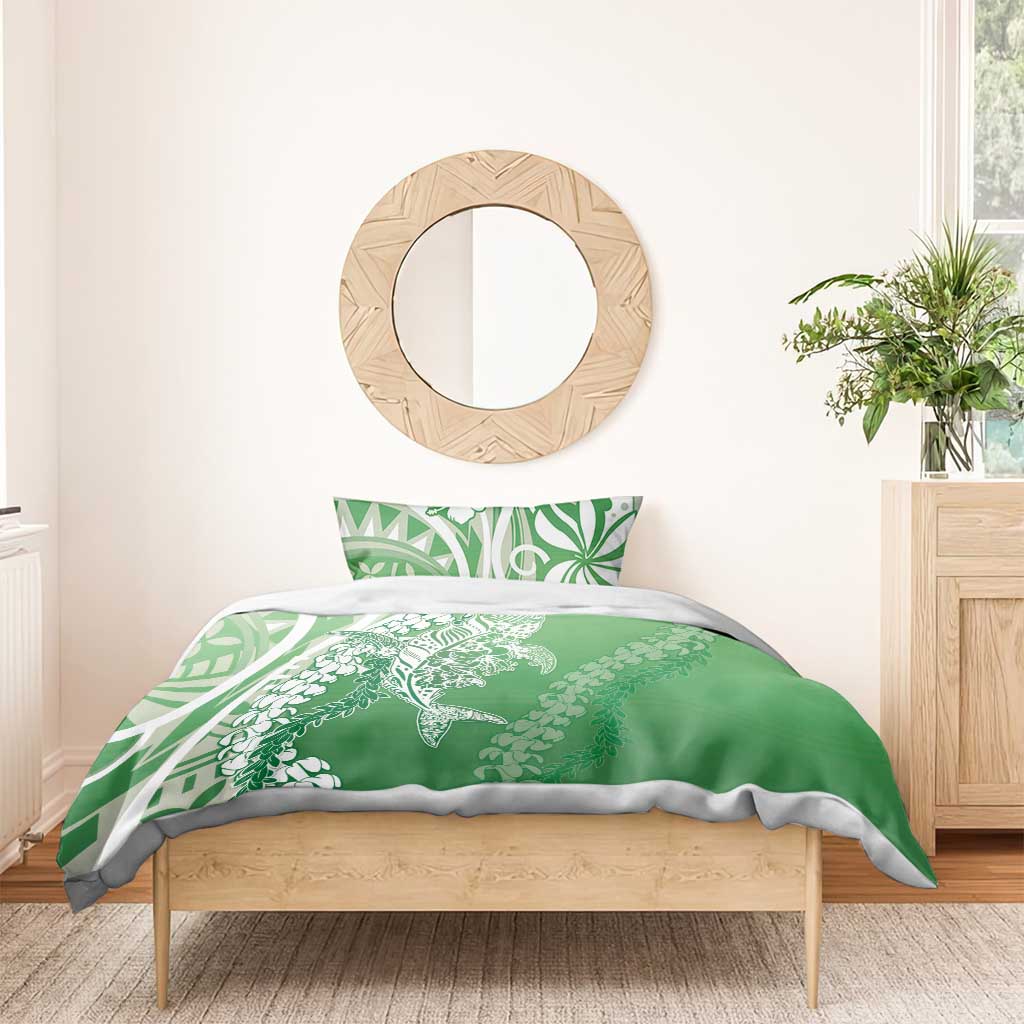Hawaii Puakenikeni And Maile Lei Bedding Set Green Polynesian Shark Tattoo DT05