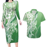 Hawaii Puakenikeni And Maile Lei Couples Matching Long Sleeve Bodycon Dress and Hawaiian Shirt Green Polynesian Shark Tattoo DT05 Green - Polynesian Pride