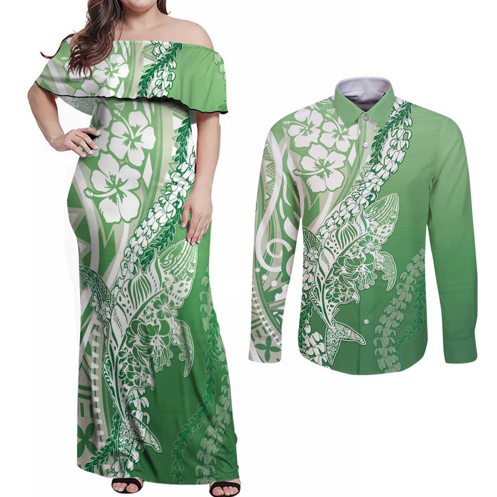 Hawaii Puakenikeni And Maile Lei Couples Matching Off Shoulder Maxi Dress and Long Sleeve Button Shirt Green Polynesian Shark Tattoo DT05 Green - Polynesian Pride