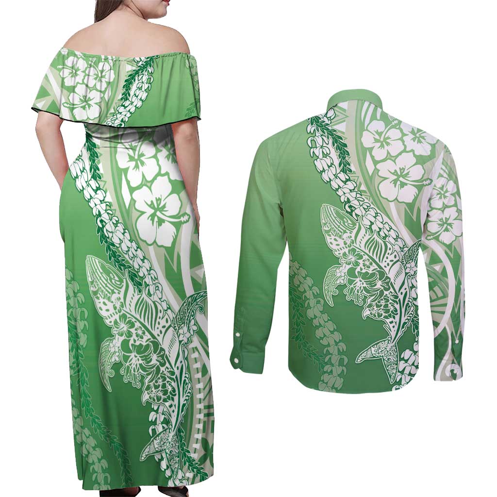 Hawaii Puakenikeni And Maile Lei Couples Matching Off Shoulder Maxi Dress and Long Sleeve Button Shirt Green Polynesian Shark Tattoo DT05 - Polynesian Pride