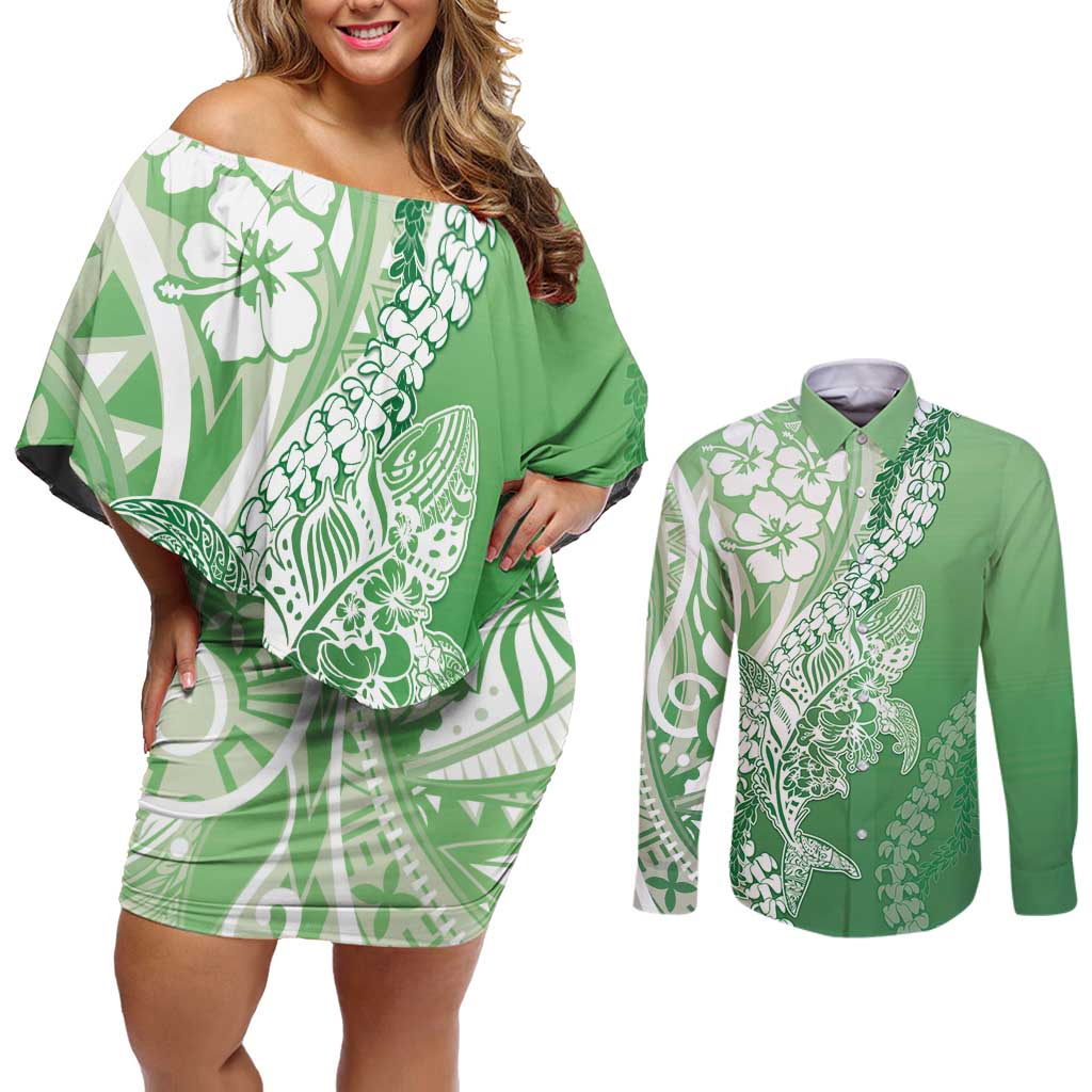 Hawaii Puakenikeni And Maile Lei Couples Matching Off Shoulder Short Dress and Long Sleeve Button Shirt Green Polynesian Shark Tattoo DT05 Green - Polynesian Pride