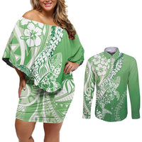Hawaii Puakenikeni And Maile Lei Couples Matching Off Shoulder Short Dress and Long Sleeve Button Shirt Green Polynesian Shark Tattoo DT05 Green - Polynesian Pride