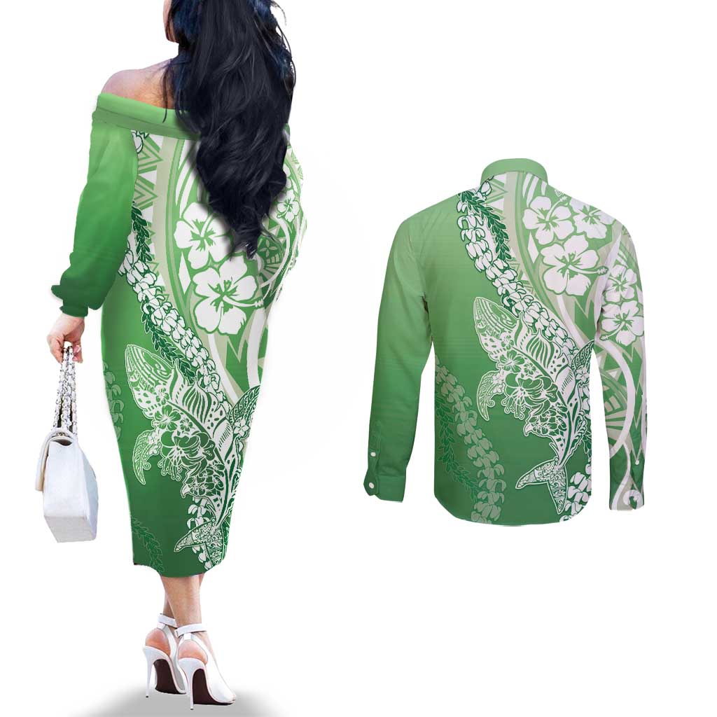 Hawaii Puakenikeni And Maile Lei Couples Matching Off The Shoulder Long Sleeve Dress and Long Sleeve Button Shirt Green Polynesian Shark Tattoo DT05 - Polynesian Pride