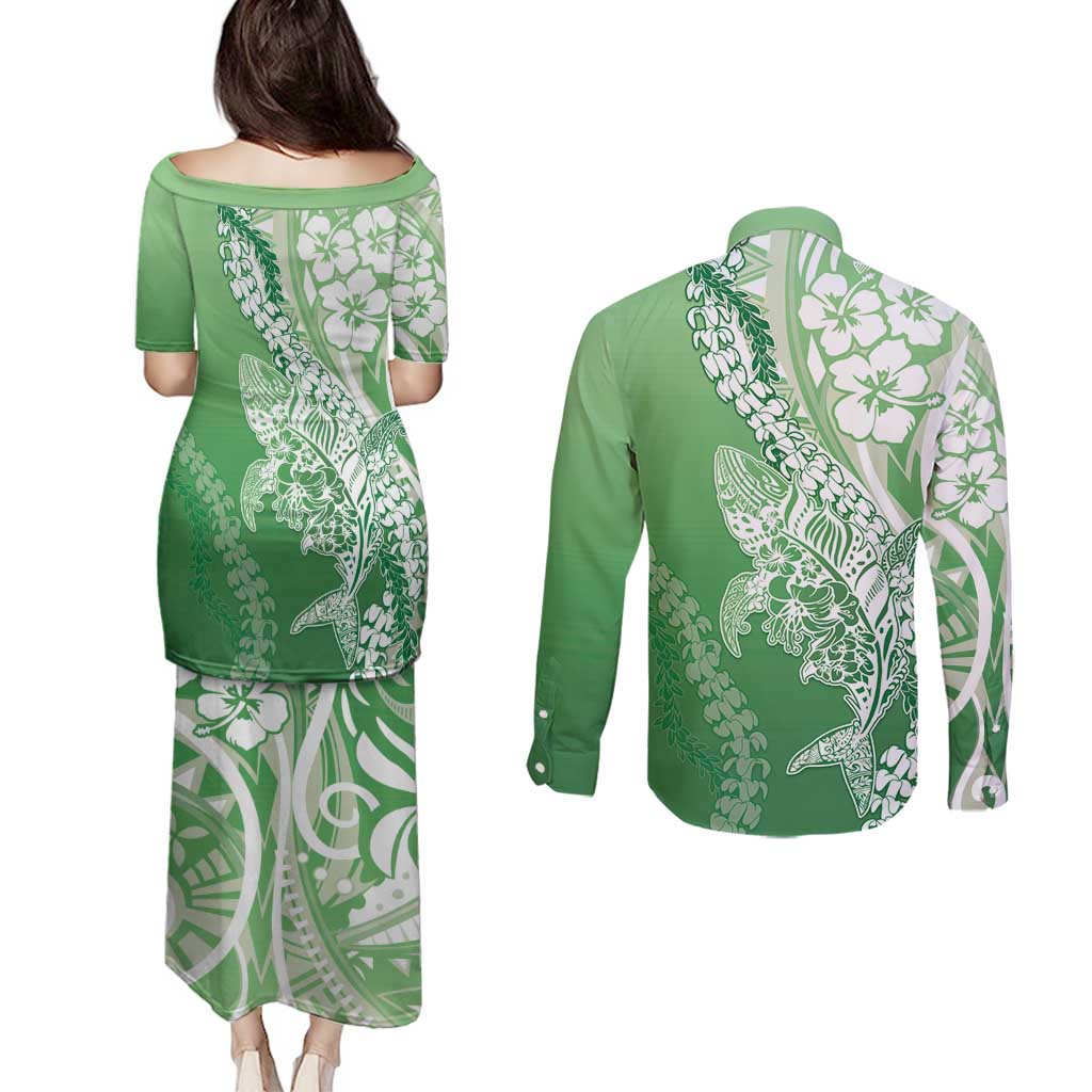 Hawaii Puakenikeni And Maile Lei Couples Matching Puletasi and Long Sleeve Button Shirt Green Polynesian Shark Tattoo DT05