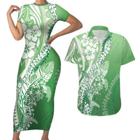Hawaii Puakenikeni And Maile Lei Couples Matching Short Sleeve Bodycon Dress and Hawaiian Shirt Green Polynesian Shark Tattoo DT05 Green - Polynesian Pride
