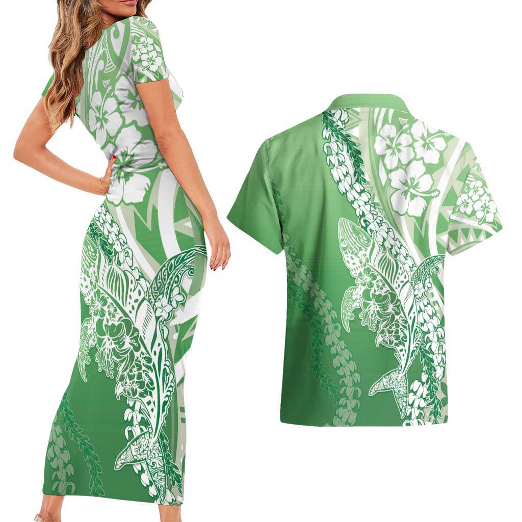 Hawaii Puakenikeni And Maile Lei Couples Matching Short Sleeve Bodycon Dress and Hawaiian Shirt Green Polynesian Shark Tattoo DT05 - Polynesian Pride