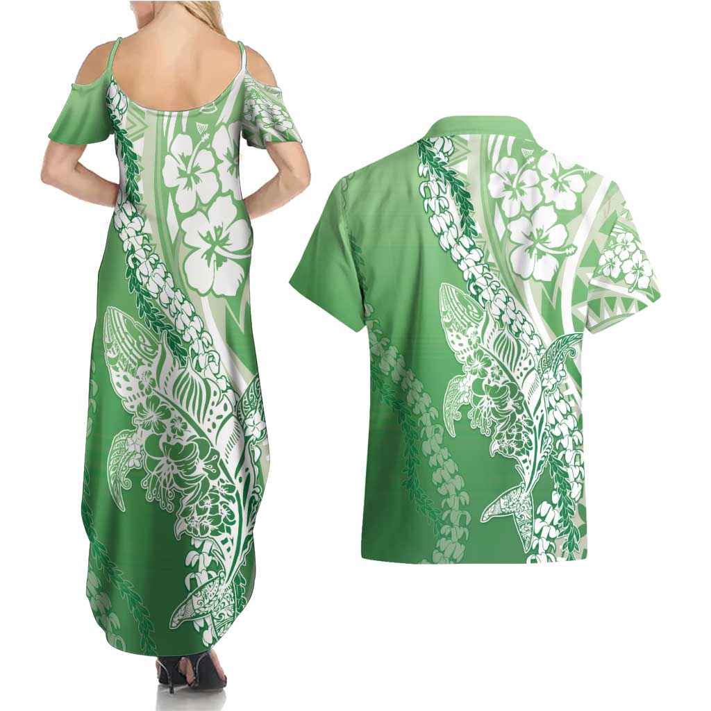 Hawaii Puakenikeni And Maile Lei Couples Matching Summer Maxi Dress and Hawaiian Shirt Green Polynesian Shark Tattoo DT05 - Polynesian Pride