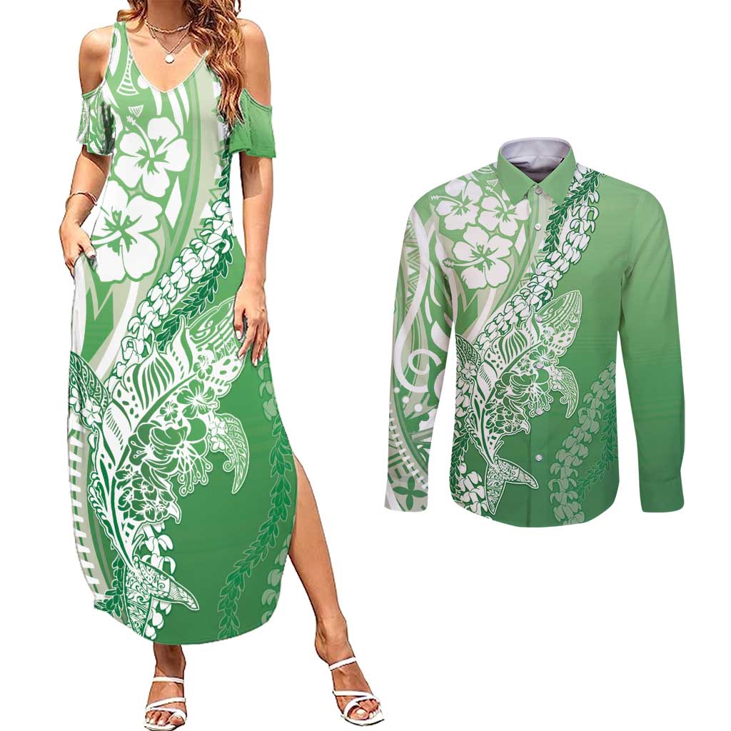 Hawaii Puakenikeni And Maile Lei Couples Matching Summer Maxi Dress and Long Sleeve Button Shirt Green Polynesian Shark Tattoo DT05 Green - Polynesian Pride