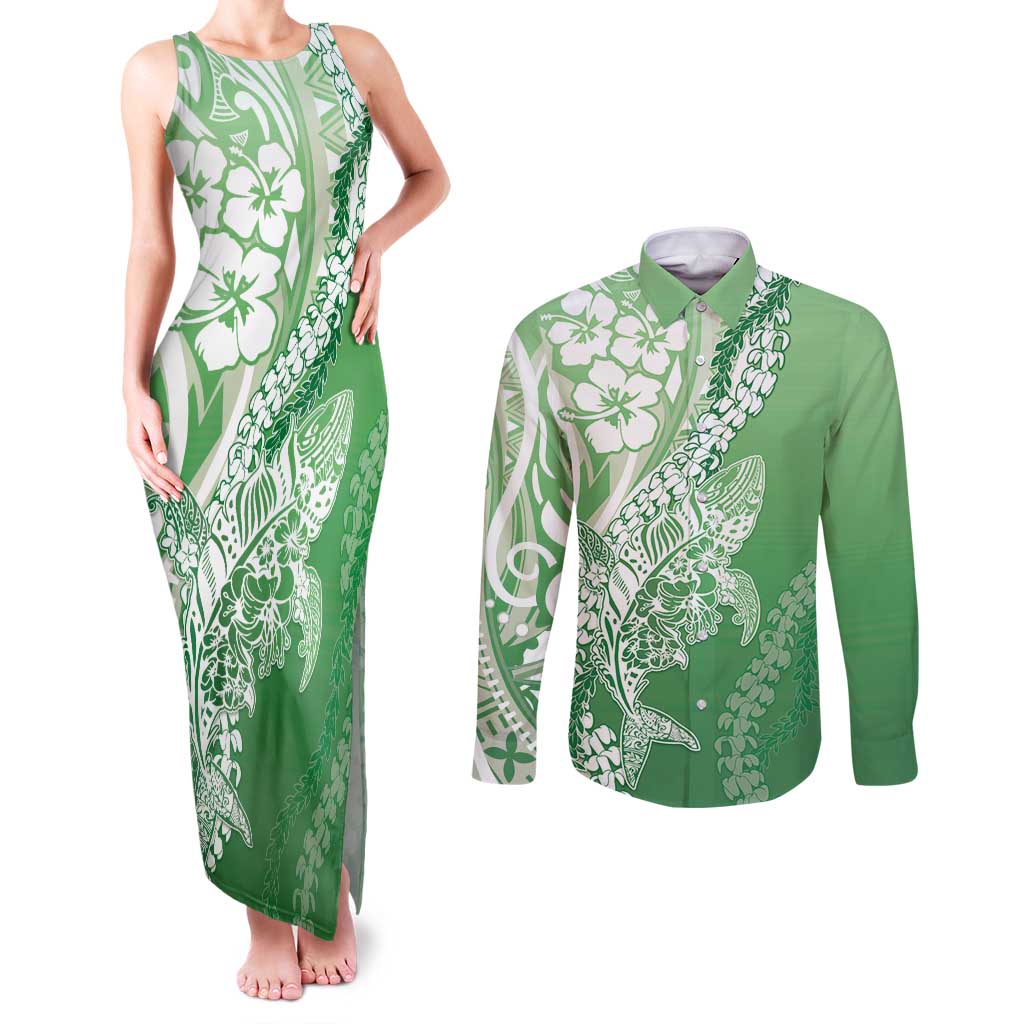 Hawaii Puakenikeni And Maile Lei Couples Matching Tank Maxi Dress and Long Sleeve Button Shirt Green Polynesian Shark Tattoo DT05 Green - Polynesian Pride