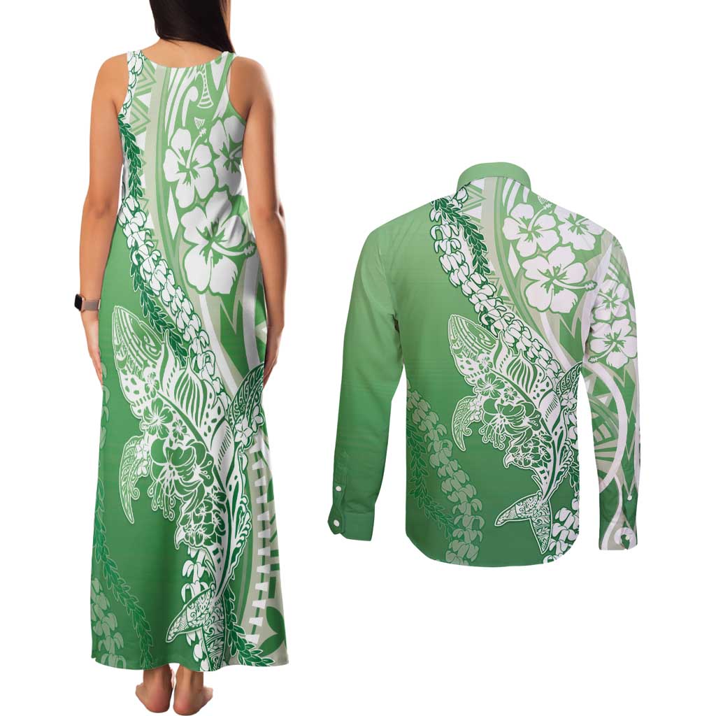 Hawaii Puakenikeni And Maile Lei Couples Matching Tank Maxi Dress and Long Sleeve Button Shirt Green Polynesian Shark Tattoo DT05 - Polynesian Pride