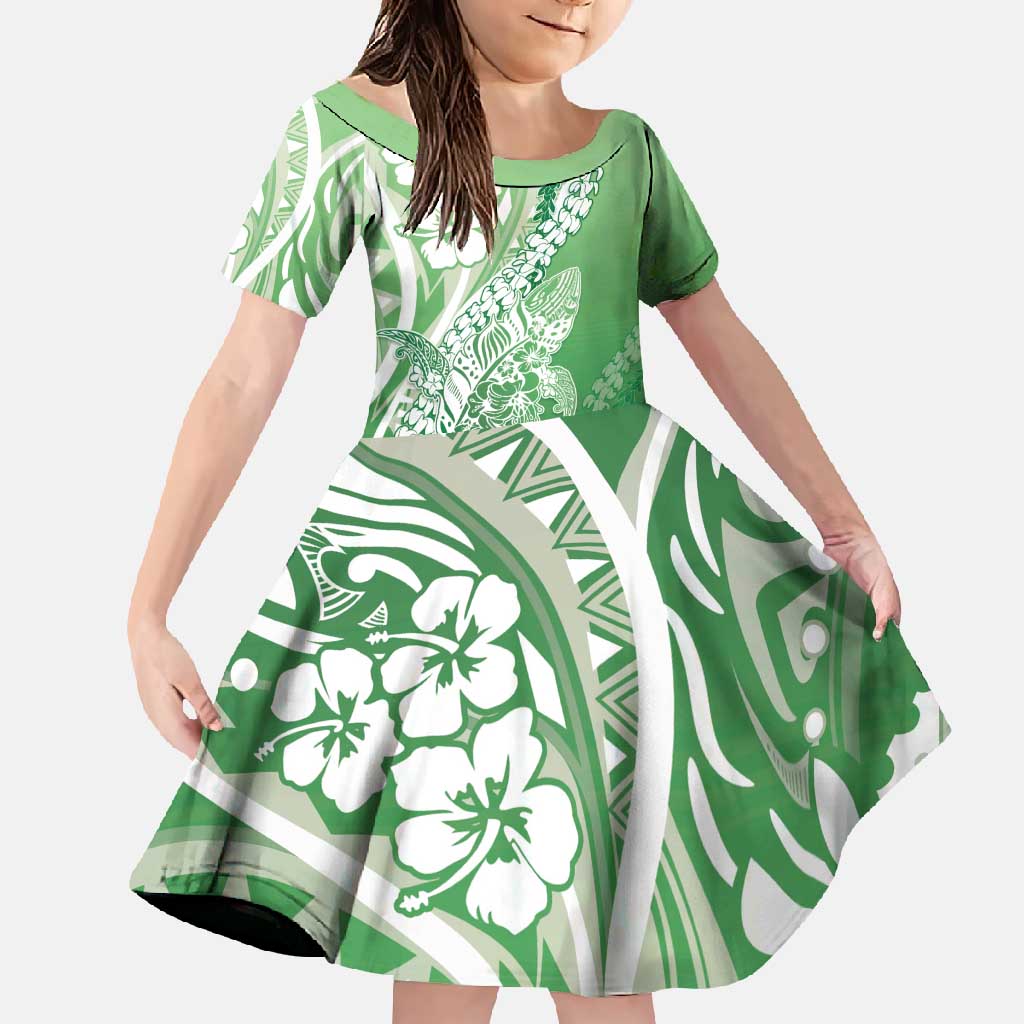 Hawaii Puakenikeni And Maile Lei Family Matching Mermaid Dress and Hawaiian Shirt Green Polynesian Shark Tattoo DT05 Daughter's Dress Green - Polynesian Pride