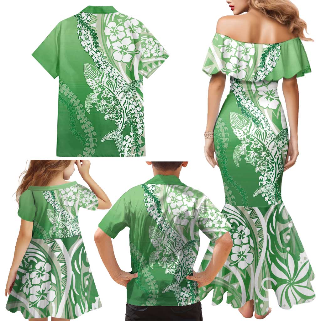 Hawaii Puakenikeni And Maile Lei Family Matching Mermaid Dress and Hawaiian Shirt Green Polynesian Shark Tattoo DT05 - Polynesian Pride