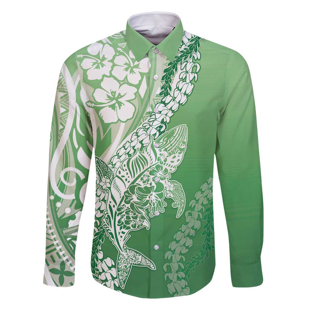 Hawaii Puakenikeni And Maile Lei Family Matching Mermaid Dress and Hawaiian Shirt Green Polynesian Shark Tattoo DT05 Dad's Shirt - Long Sleeve Green - Polynesian Pride