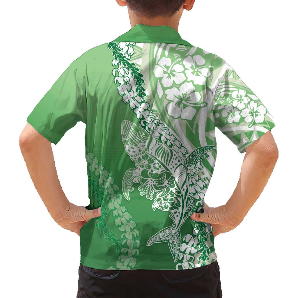Hawaii Puakenikeni And Maile Lei Family Matching Off Shoulder Maxi Dress and Hawaiian Shirt Green Polynesian Shark Tattoo DT05 - Polynesian Pride