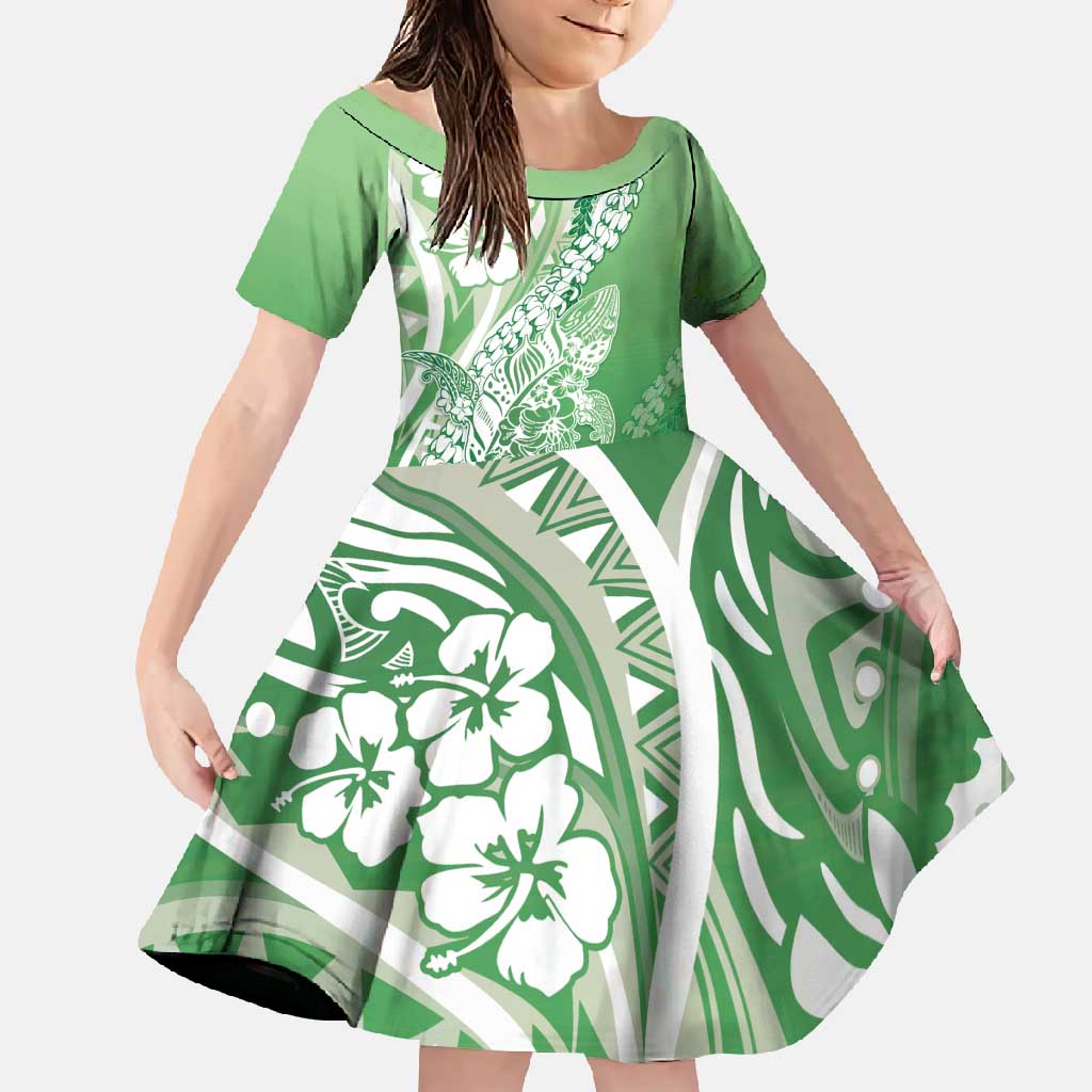 Hawaii Puakenikeni And Maile Lei Family Matching Off Shoulder Maxi Dress and Hawaiian Shirt Green Polynesian Shark Tattoo DT05 Daughter's Dress Green - Polynesian Pride