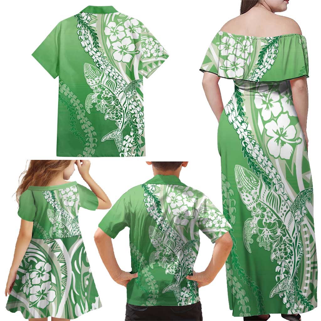 Hawaii Puakenikeni And Maile Lei Family Matching Off Shoulder Maxi Dress and Hawaiian Shirt Green Polynesian Shark Tattoo DT05 - Polynesian Pride