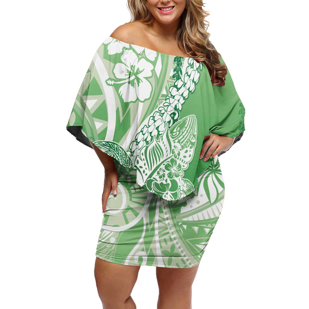 Hawaii Puakenikeni And Maile Lei Family Matching Off Shoulder Short Dress and Hawaiian Shirt Green Polynesian Shark Tattoo DT05 Mom's Dress Green - Polynesian Pride