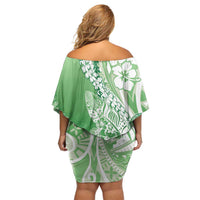 Hawaii Puakenikeni And Maile Lei Family Matching Off Shoulder Short Dress and Hawaiian Shirt Green Polynesian Shark Tattoo DT05 - Polynesian Pride