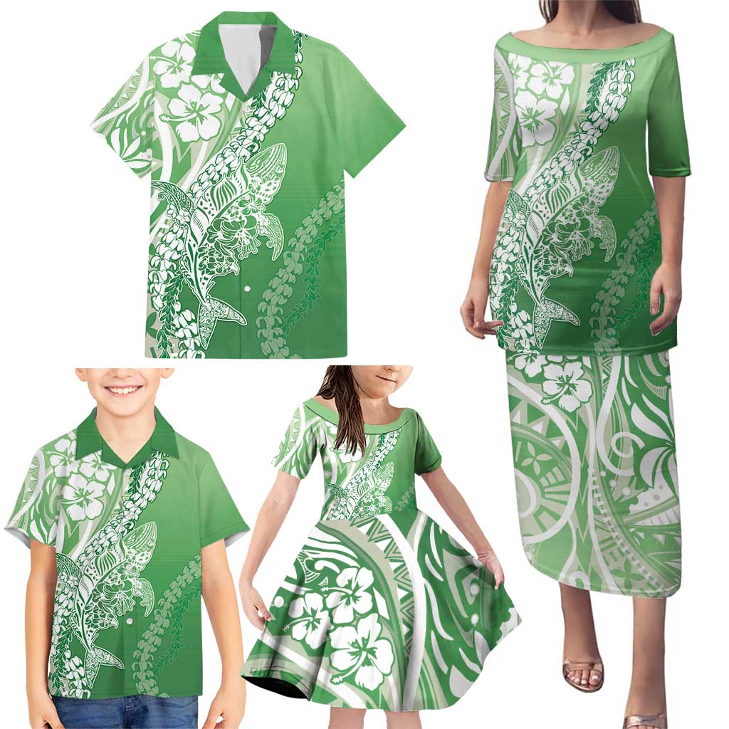 Hawaii Puakenikeni And Maile Lei Family Matching Puletasi and Hawaiian Shirt Green Polynesian Shark Tattoo DT05 - Polynesian Pride