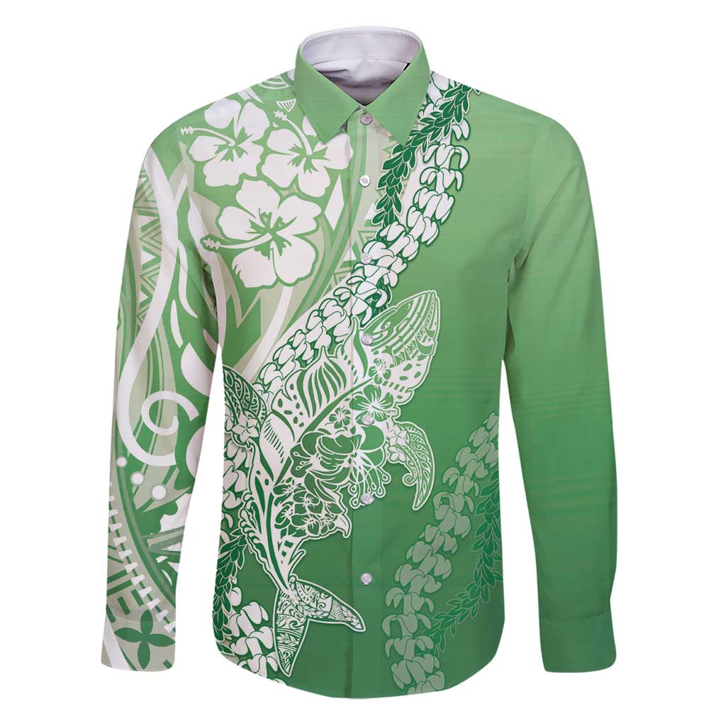 Hawaii Puakenikeni And Maile Lei Family Matching Puletasi and Hawaiian Shirt Green Polynesian Shark Tattoo DT05 Dad's Shirt - Long Sleeve Green - Polynesian Pride