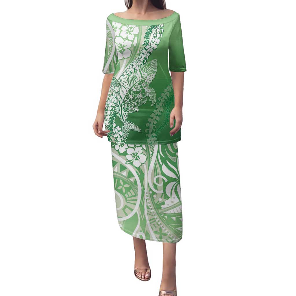 Hawaii Puakenikeni And Maile Lei Family Matching Puletasi and Hawaiian Shirt Green Polynesian Shark Tattoo DT05 Mom's Dress Green - Polynesian Pride