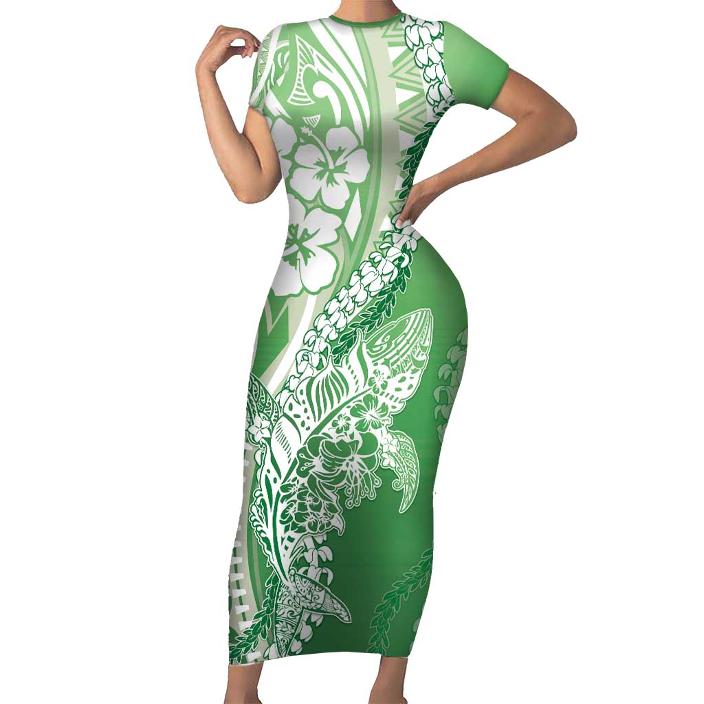 Hawaii Puakenikeni And Maile Lei Family Matching Short Sleeve Bodycon Dress and Hawaiian Shirt Green Polynesian Shark Tattoo DT05 Mom's Dress Green - Polynesian Pride