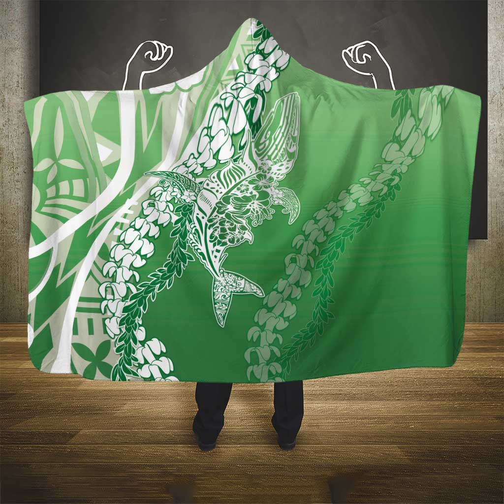 Hawaii Puakenikeni And Maile Lei Hooded Blanket Green Polynesian Shark Tattoo DT05