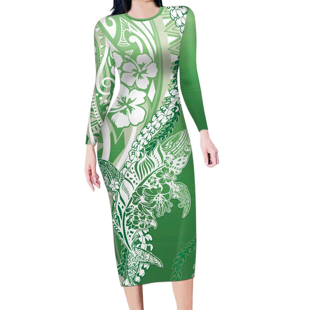 Hawaii Puakenikeni And Maile Lei Long Sleeve Bodycon Dress Green Polynesian Shark Tattoo DT05