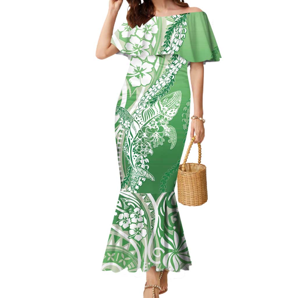 Hawaii Puakenikeni And Maile Lei Mermaid Dress Green Polynesian Shark Tattoo DT05