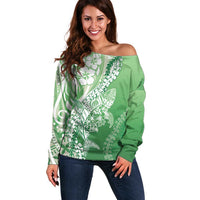 Hawaii Puakenikeni And Maile Lei Off Shoulder Sweater Green Polynesian Shark Tattoo DT05
