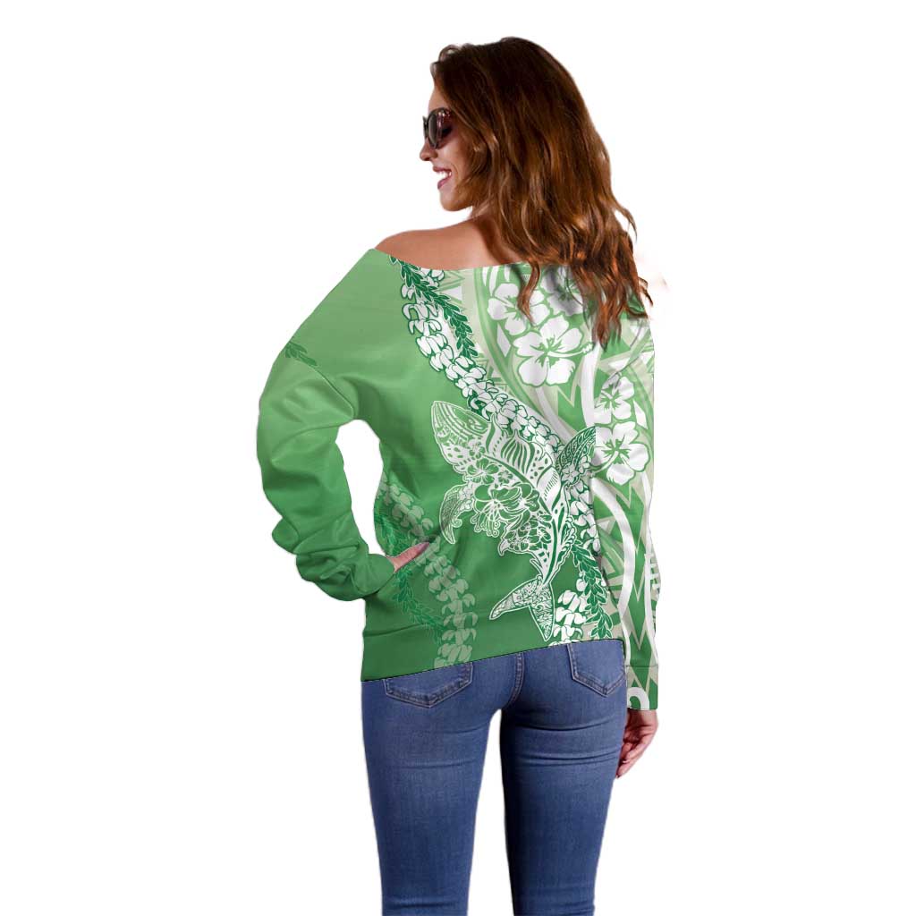 Hawaii Puakenikeni And Maile Lei Off Shoulder Sweater Green Polynesian Shark Tattoo DT05
