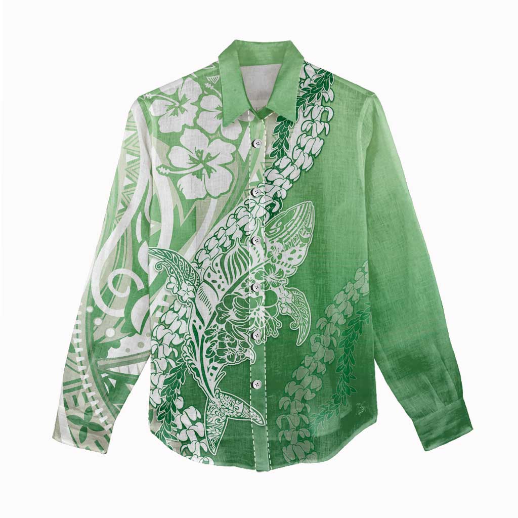 Hawaii Puakenikeni And Maile Lei Women Casual Shirt Green Polynesian Shark Tattoo DT05